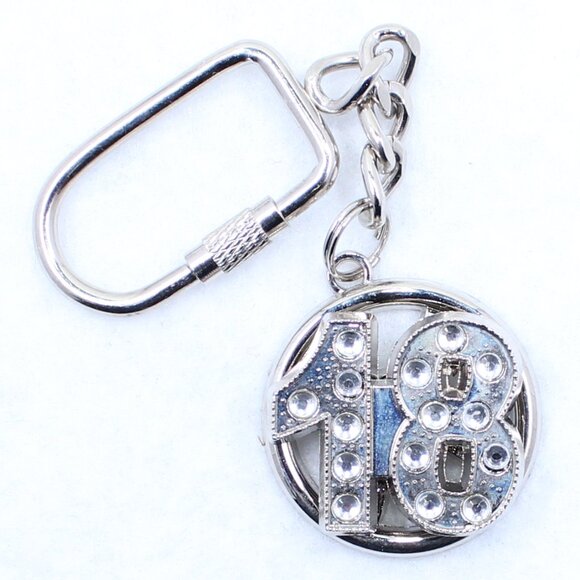 Silver Tone Keychain With Spinning Number 18 And Rhinestones - Picture 5 of 10